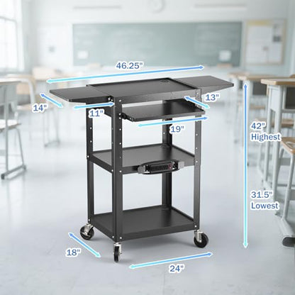POCHAR Large Steel AV Cart with Power Strip & Drop Leaves - Height Adjustable Metal Media Cart with Wheels - Heavy Duty Rolling Computer Workstation for Laptop Projector Printer TV, Black (46" x 18") - style: AV Cart with Drop Leaves (AV-JM)
