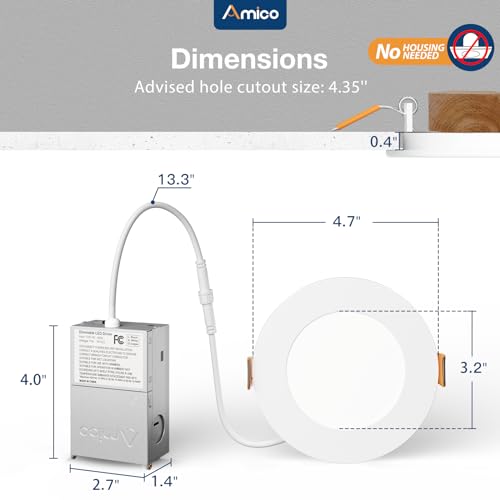 Amico 12 Pack 4 Inch LED Recessed Lighting, Canless Wafer Downlight, White | 5CCT 2700K-5000K, 5%-100% Dimmable, Ultra-thin, Metal housing, 800LM 11W 120V, IC & Damp Rated, ETL & FCC, 50000h Life Span - color: White, size: 4 Inch