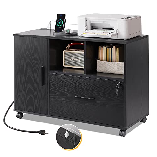 DEVAISE Printer Stand with Storage, Mobile Wood File Cabinet, Black | Locking & Charging Station, Lateral Rolling Filing Cabinet, Doors and Shelves, Fits Legal/letter/A4, for Home Office, Study - color: Black, style: Eclectic