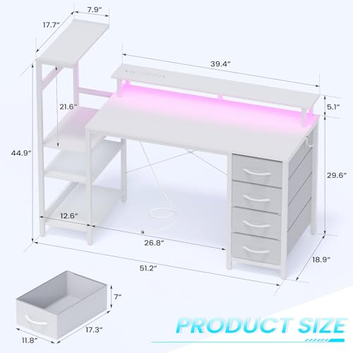 51in Gaming Computer Desk with Drawers & Power Outlet & LED Lights, White - color: White, size: 51''