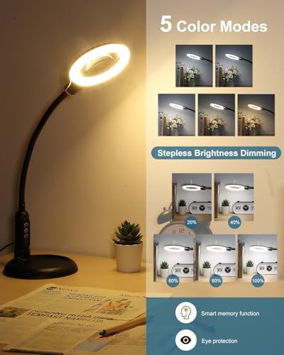 12X Magnifying Glass with Light and Stand, Real Glass, LED 5 Color Modes, Brightness Stepless Dimming Lighted Magnifier Hands Free with Flexible Gooseneck Desk Clamp Lamp for Close Work, Craft, Hobby - color: Black