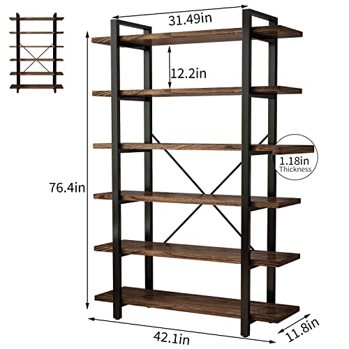 AY-AOYUAN Solid Wood Bookcase and Book Shelves Wood and Metal Shelving Unit 6 Tier Bookshelf Modern Rustic Open Bookshelf Office,Distressed Brown (AY-02-6Tier) - size: 6Tier