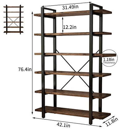 AY-AOYUAN Solid Wood Bookcase and Book Shelves Wood and Metal Shelving Unit 6 Tier Bookshelf Modern Rustic Open Bookshelf Office,Distressed Brown (AY-02-6Tier) - size: 6Tier