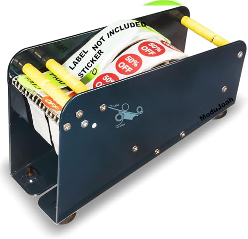 MDJ by Excell Manual Metal Label Sticker Dispenser with 4 Suction Cups Base for Tabletop, Adjustable Holder for Multiple Rolls for Office, Home, Warehouse, Easy Peel Off, Fits up to 3" Wide Labels - size: 3" Wide w/ Metal Frame