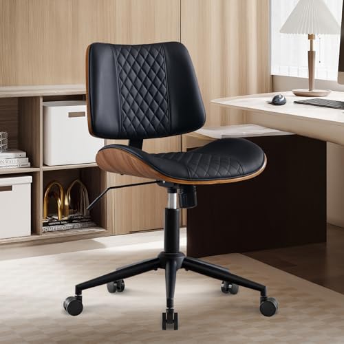 BV Small Desk Chair, Mid Century Office Chair with Bentwood Back, Armless Task Swivel Chair with Wheels, Mid Back No Arms, Faux Leather Office Chairs for Small Space, Black - color: Black, size: MCM Style