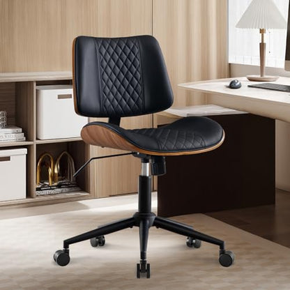 BV Small Desk Chair, Mid Century Office Chair with Bentwood Back, Armless Task Swivel Chair with Wheels, Mid Back No Arms, Faux Leather Office Chairs for Small Space, Black - color: Black, size: MCM Style