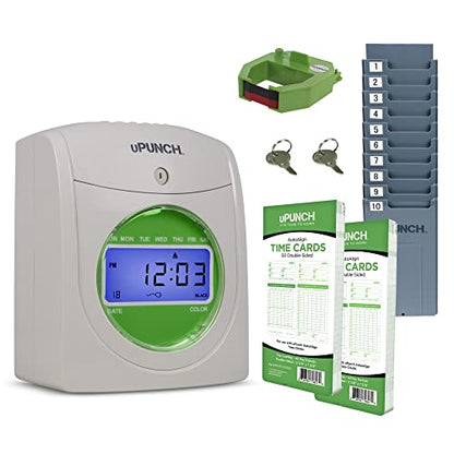 uPunch JC1500 Starter Time Clock Bundle for Small Business: Employee Punch Clock System with 100 Time Cards, Card Rack, and Ribbon