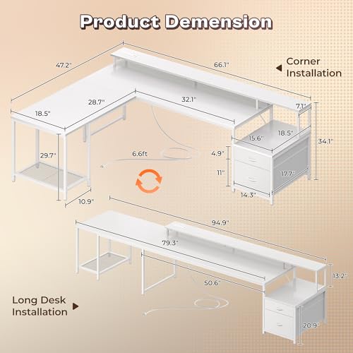 PRAISUN 66" L Shaped Gaming Desk with LED Lights & Power Outlets - color: White
