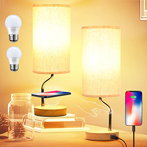 Smart Bedside Table Lamp Set of 2 with Wireless Charger & USB Port - Touch Control LED Desk Lamp for Bedroom, Dimmable Wooden Nightstand Lamp with Fabric Shade for Living Room, Kid's Room,(Cream) - color: Set of 2(Cream)