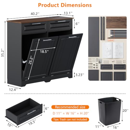 Double 10 Gallon Tilt Out Trash Can Cabinet with Deodorizing Function and Power Outlet, Wooden Hidden Garbage Can Holder with 2 Storage Drawers for Kitchen, Laundry Hamper Cabinet for Bathroom, Black - color: Black, size: 13.11"D x 40.16"W x 35.2"H(Double