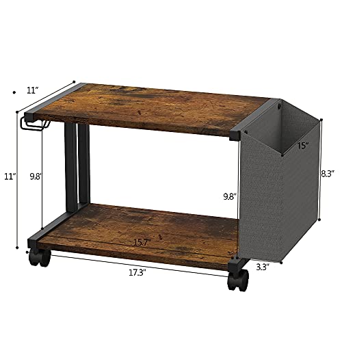 VEDECASA 2 Tier Rustic Brown Wooden Under Desk Printer Stand with Storage Bag for Home Office Desktop Printer Table Organizer Mobile Printer Shelf Cart with Caster Wheel - color: Rustic Brown