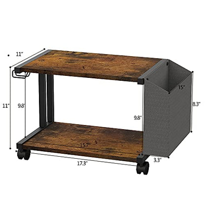 VEDECASA 2 Tier Rustic Brown Wooden Under Desk Printer Stand with Storage Bag for Home Office Desktop Printer Table Organizer Mobile Printer Shelf Cart with Caster Wheel - color: Rustic Brown
