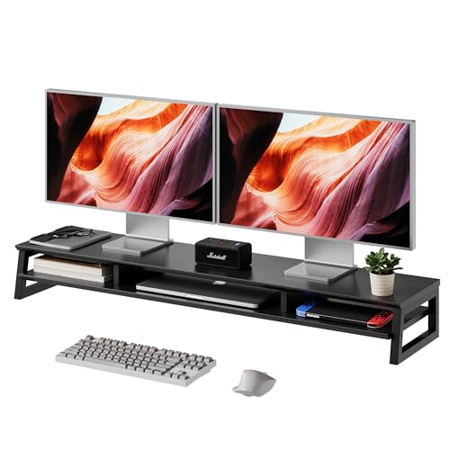 Dual Monitor Stand Riser for Desk, 41.7 Inch Large 2 Tier Computer Monitor Stand for 2 Monitors, Desktop Storage Organizer Shelf with Keyboard Space for Laptop PC Printer, Black - color: Black