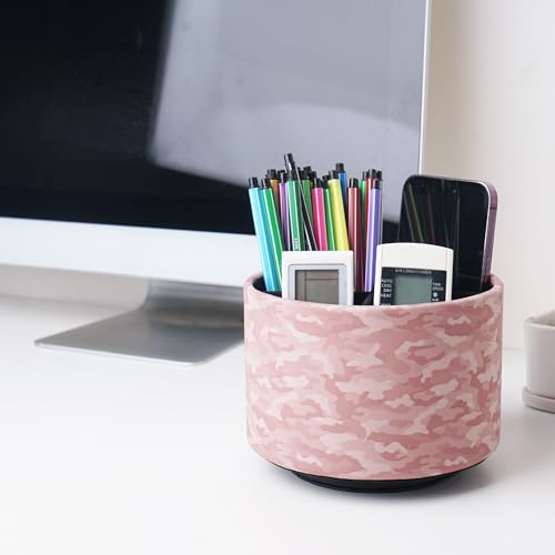 Round Leather Art Supply Organizer,Remote Control Holder,360 Degree Rotating,Multi-Functional Pencil Holder,4 Compartments Desktop Stationary Organizer(1-Camouflage Pink) - color: 1-Camouflage Pink