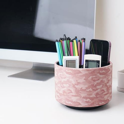Round Leather Art Supply Organizer,Remote Control Holder,360 Degree Rotating,Multi-Functional Pencil Holder,4 Compartments Desktop Stationary Organizer(1-Camouflage Pink) - color: 1-Camouflage Pink