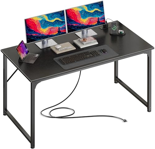47 X 24 Inch Deeper Desk with Power Outlets | Computer Desk for Bedroom, Office Desk for Work from Home, Writing Study Gaming Table, Stable Metal Frame, Black - color: Black, size: 47.2*23.6 inch