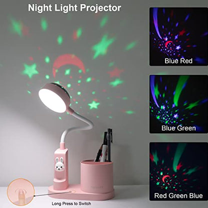 Pink Desk Lamp for Home Office, Touch Small Table Light for Kids - color: Pink-Star Projection
