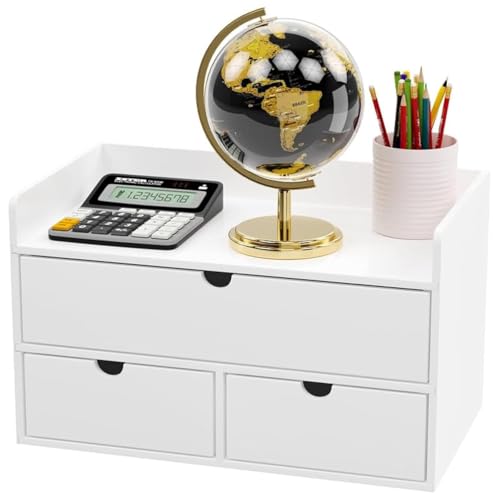 Wisuce Bamboo Desk Organizer - Mini Bamboo Desk Drawer Tabletop Cosmetic Storage Organization for Office or Home White with Shelf - color: White 3 Drawers with Shelf