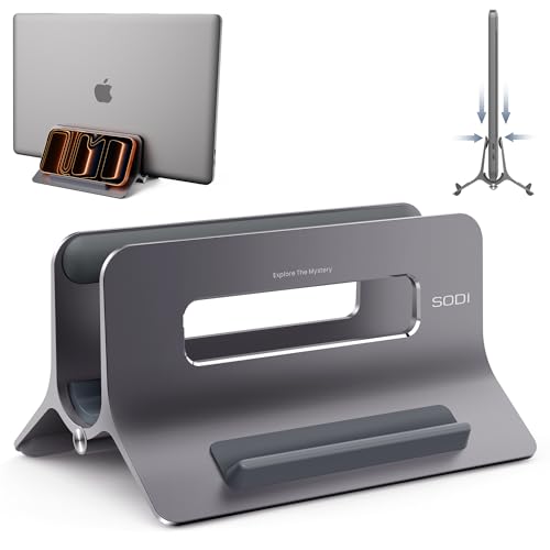 SODI Vertical Laptop Stand for Desk, Gravity Auto Lock MacBook Stand, Aluminum Laptop Holder Vertical Compatible with MacBook Pro, Air, Tablet, Space-Saving Organize Work & Home Office, Gray - color: Space Grey