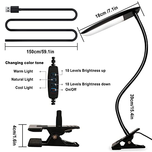 LiFMIRA Clip on Lamp USB Reading Light 3 Color Modes 3000-6000K 8W 40 LED | Flexible Gooseneck Desk Light Clip on Lamp for Desk Eye Caring Bed Lamp for Headboard (No Plug) - color: Matt Black