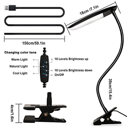 LiFMIRA Clip on Lamp USB Reading Light 3 Color Modes 3000-6000K 8W 40 LED | Flexible Gooseneck Desk Light Clip on Lamp for Desk Eye Caring Bed Lamp for Headboard (No Plug) - color: Matt Black