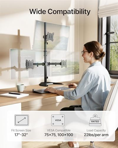monTEK Freestanding Triple Monitor Stand for 17-32" Screens, 22 lbs Each | Solid V-shaped base, three-screen full-motion arms, height adjustment, tilt, swivel, rotation and VESA 75/100 - size: Triple Monitor