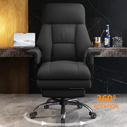 Office Chair with Leg Rest, Leather High Back Executive Office Chair with Wheels, Ergonomic Desk Chairs with Lumbar Support for Home Office, Beige - color: Dark Black