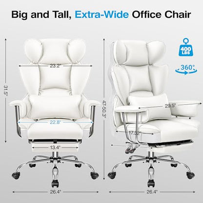 ALLGOD Big and Tall Office Chair 400LBS, Executive Ergonomic Leather Chair with Footrest, Wide Seat Gaming Office Chair with Pocket Spring Cushion, Reclining High Back Computer Desk Chair, White - color: White, size: 1 Pack