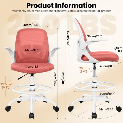 Drafting Chair Tall Office Chair with Flip-up Armrests Executive Ergonomic Computer Standing Desk Chair with Lumbar Support and Adjustable Footrest Ring (Grapefruit Pink - color: Grapefruit Pink, size: 934-Z