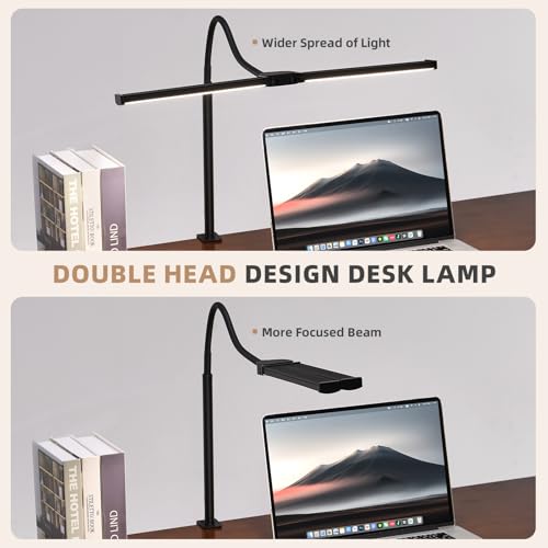 Voncerus LED Desk Lamp for Home Office, Double Head Desk Light with Clamp - color: Black Pro