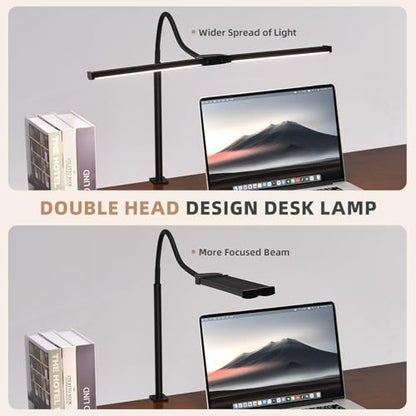 Voncerus LED Desk Lamp for Home Office, Double Head Desk Light with Clamp - color: Black Pro