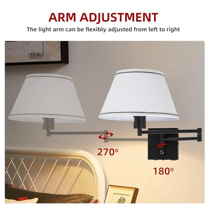 17" Swing Arm Wall Lamp White Fabric Shade - color: Black+White