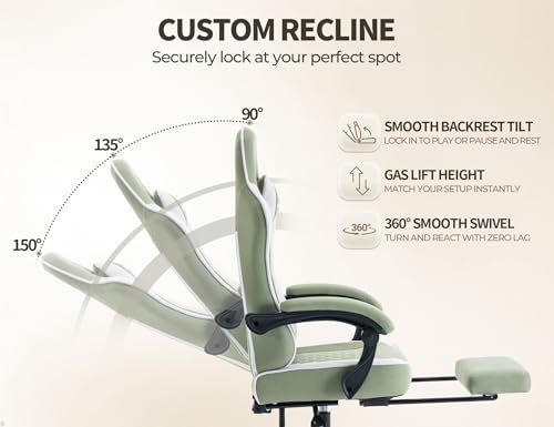 Office Desk Computer Gaming Chair for Adults, Ergonomic High Back Gamer Chair with Massage and Pocket Spring Cushion, Swivel Comfy Video Game Chairs with Footrest and Lumbar Support (Green White) - color: Base Green Fabric