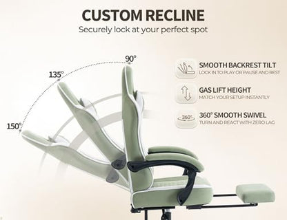 Office Desk Computer Gaming Chair for Adults, Ergonomic High Back Gamer Chair with Massage and Pocket Spring Cushion, Swivel Comfy Video Game Chairs with Footrest and Lumbar Support (Green White) - color: Base Green Fabric