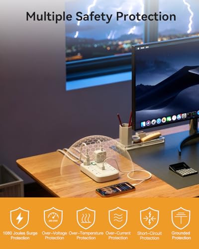 10FT Extension Cord with 6 USB(3 USB C) 8 Outlets, Flat Plug Power Strip - size: 10 FT-White-Three Prong