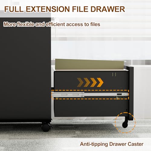 2 Drawer Mobile File Cabinet with Lock, 4 Keys and 25 Letter File Folders | Heavy-Duty Steel Rolling Filing Cabinet Pre-Assembled Under Desk for Home Office Letters/Legal/A4 Hanging File Folders - color: Black, size: 25.8"H*15.7"W-2 drawers(25 letter fold