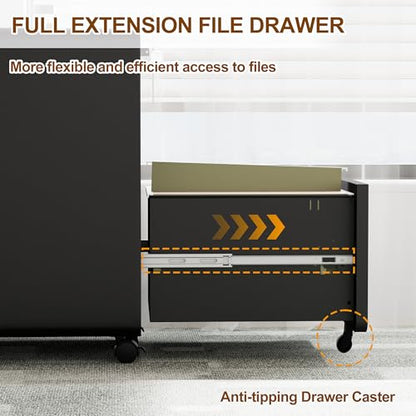 2 Drawer Mobile File Cabinet with Lock, 4 Keys and 25 Letter File Folders | Heavy-Duty Steel Rolling Filing Cabinet Pre-Assembled Under Desk for Home Office Letters/Legal/A4 Hanging File Folders - color: Black, size: 25.8"H*15.7"W-2 drawers(25 letter fold