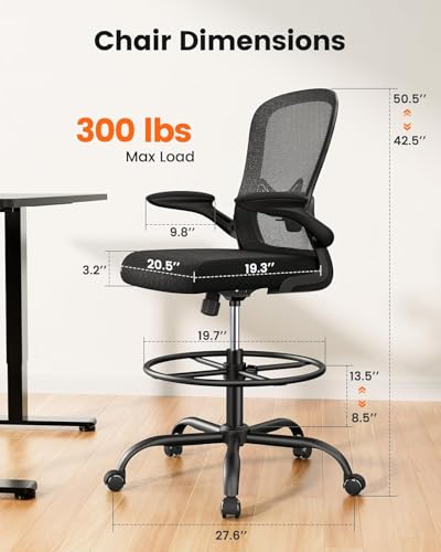 ErGear Drafting Chair with Footrest Ring and Flip-Up Arms for Tall Desks | 8 inch seat height adjustment, lumbar support, 33% thicker seat, breathable mesh, 300 lbs capacity, standing desk use - color: Black