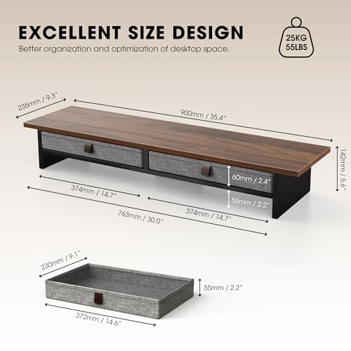Fenge 35 Inch Monitor Stand with Drawer Storage, Computer Riser for Desk - color: Brown