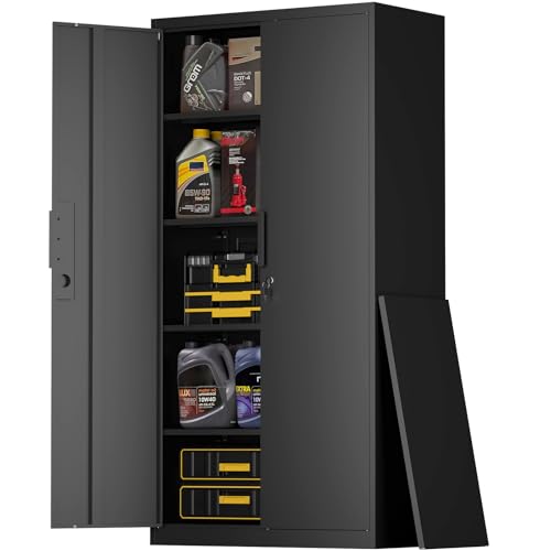 72''H Garage Storage Cabinet with Lock, 18'' Deep Metal Storage Cabinets with Doors and 4 Adjustable Shelves, Steel Locking Cabinet, Tool Cabinet for Laundry Room, Garage, Home Office, Black - color: Black, size: 72'' H '' * 34'' W * 17.7'' D