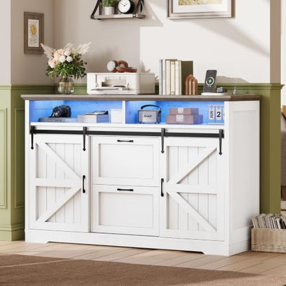 SEDETA 47.2" File Cabinet, 2 Drawers Filing Cabinets for Home Office fit Legal/Letter/A4 File, Farmhouse File Cabinet with Barn Door & Power Outlet, Printer Stand with Storage & LED Light, White+Grey - color: White+grey