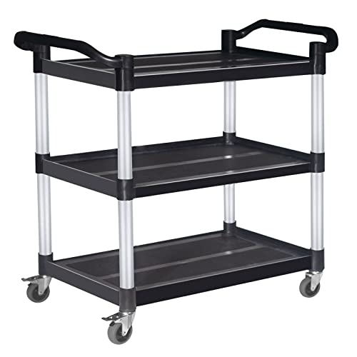 Plastic Utility Cart with Wheels Lockable, Heavy Duty Restaurant Cart, Service Cart for/Home/Office/Warehouse/Kitchen/Workshop,390 Lbs,2 Handles, Black.