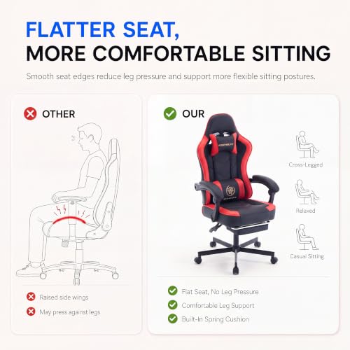 Desk Computer Gaming Chair - High Back Ergonomic Office Chair with Footrest and Lumbar Support, Swivel Comfy Home Gamer Video Game Chairs with Pocket Spring Cushion for Adults (Red Leather) - color: Classic Red Leather