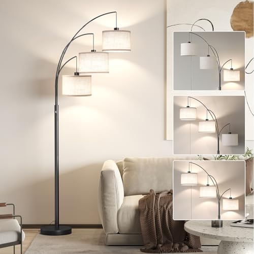 SUNMORY 3 Lights Floor Lamp for Living Room, 78" Tall Standing Lamp with Hanging Drum Shade, Modern Arc Floor Lamps with Heavy Base, Mid Century Arched Tree Floor Lamp for Bedroom, Office, Corner | Hanging Drum Linen Shade & Heavy Base, E26 Lamp Holder, 3