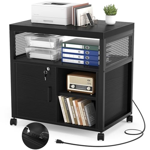 Unikito Lateral File Cabinet, Locking Office Printer Stand with Sockets and USB Charging Ports, Modern Rolling Printer Desk with Storage for A4, Letter Size and File Folders, Black - color: Black