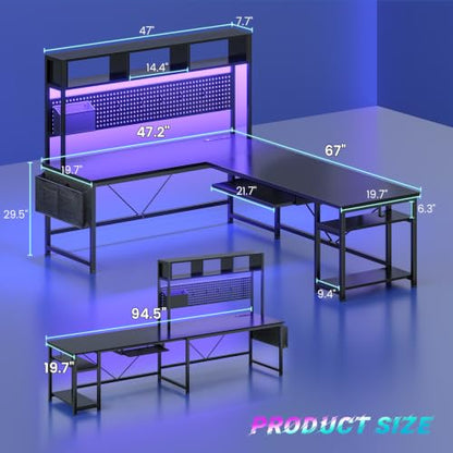 SEDETA 67" L Shaped Gaming Desk with Pegboard LED Lights and Power Outlet | Reversible Computer Desk with Keyboard Tray Hutch and Stoage Bag for Home Office, Black - color: Black With Power Outlet and Pegboard