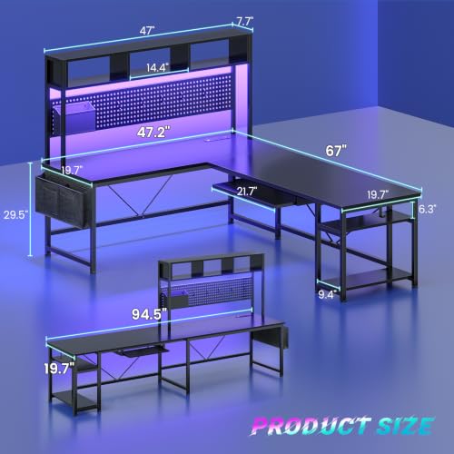 SEDETA 67" L Shaped Gaming Desk with Pegboard LED Lights and Power Outlet | Reversible Computer Desk with Keyboard Tray Hutch and Stoage Bag for Home Office, Black - color: Black With Power Outlet and Pegboard