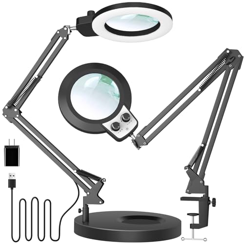 KIRKAS 12X Magnifying Glass with Light and Stand, Overhead Knob 2 in 1 | Lighted Magnifier Lamp for Workbench, Craft, Sewing, Repair, Real Glass Lens Stepless Dimming and Color (9.06IN Base & Clamp) - size: 12X 9.06 INCH Base & Clamp