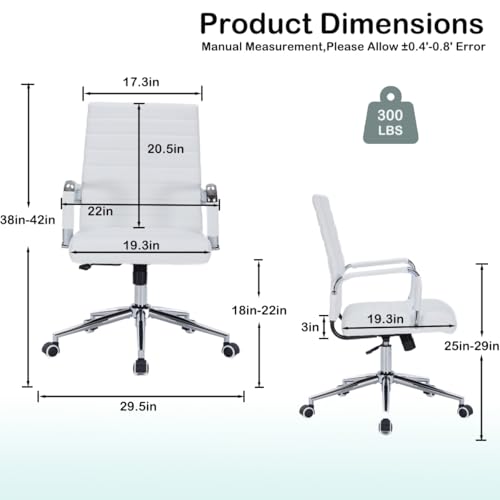 White Leather Ribbed Office Mid-Back Desk Conference Chair with Wheels | Ergonomic Mid-Back Executive Chairs with Wheels Adjustable Swivel Computer Task Desk Chair with Arms and Thick Padded Seat - color: White, size: Mid Back