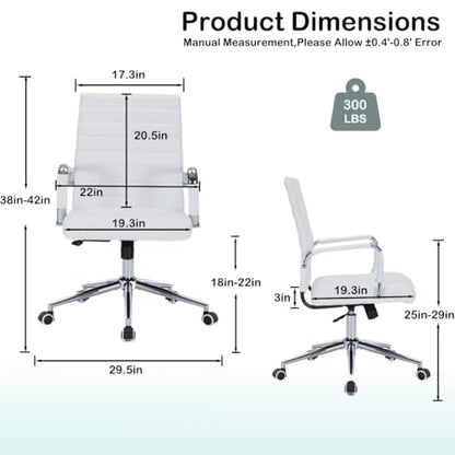 White Leather Ribbed Office Mid-Back Desk Conference Chair with Wheels | Ergonomic Mid-Back Executive Chairs with Wheels Adjustable Swivel Computer Task Desk Chair with Arms and Thick Padded Seat - color: White, size: Mid Back